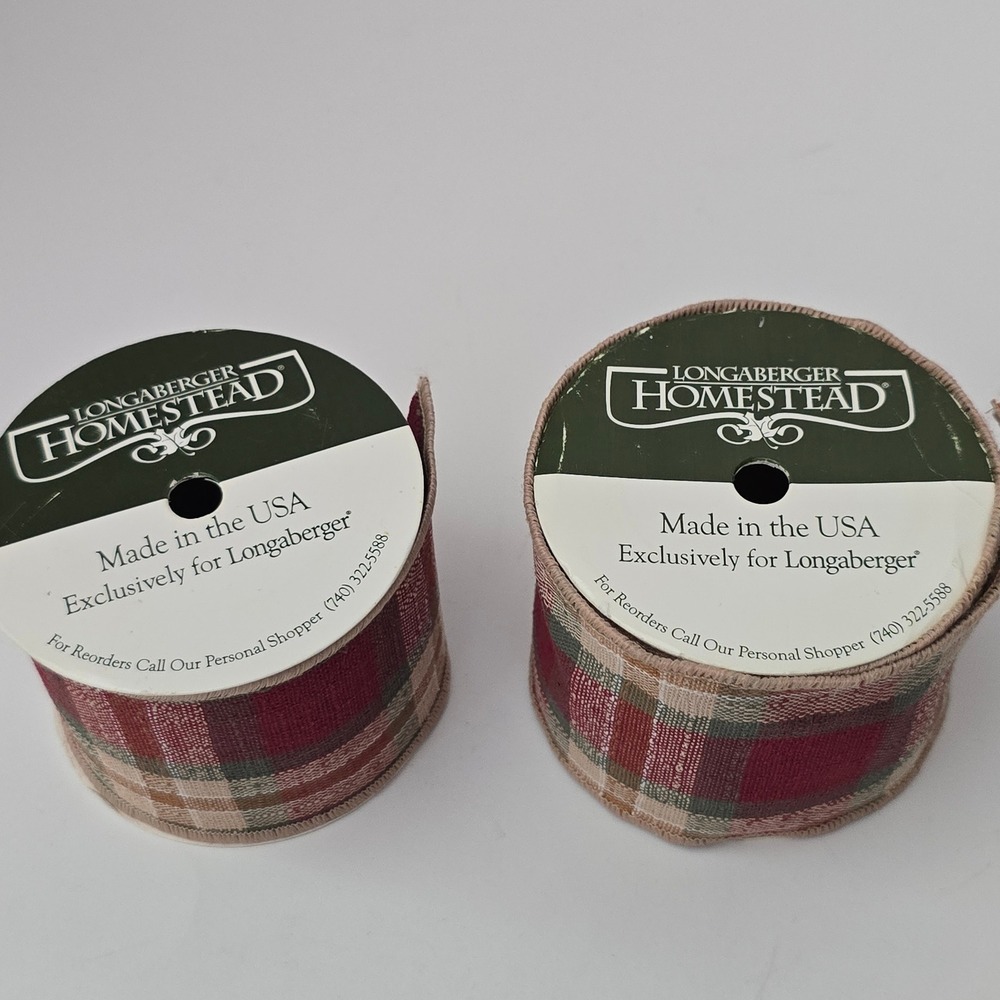 Longaberger Homestead Plaid Fabric Ribbon 2 Spools Burgundy Tan Green Wired Edge